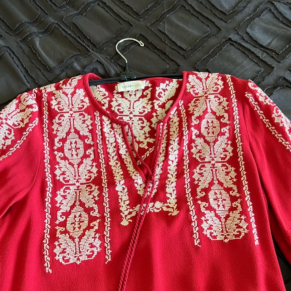 "SUGAR + LIPS".  Rich Cherry Red Tunic with  Cream Embroidery - Picture 3 of 5
